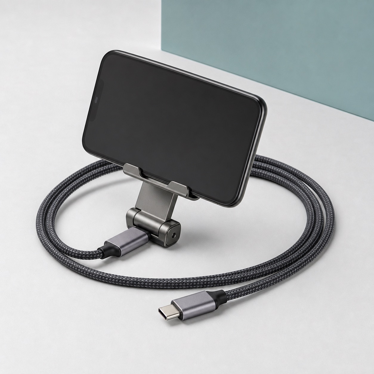 Braided USB-C charging cable with an integrated phone stand